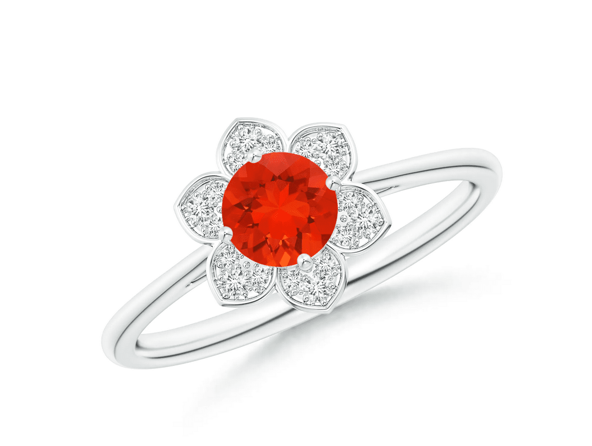 0.32 Carat Round Fire Opal Cocktail Ring with Floral Diamond Halo 