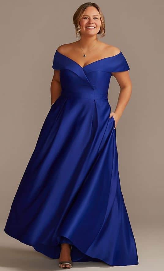 David's Bridal Sweetheart Off-the-Shoulder Satin Ball Gown