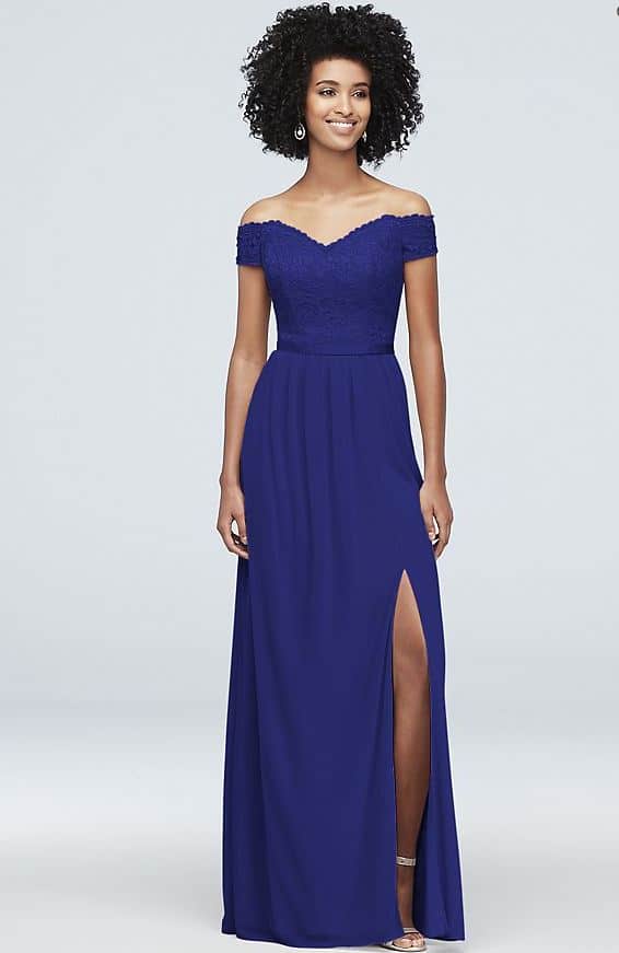 David's Bridal Lace and Mesh Off-the-Shoulder Bridesmaid Dress