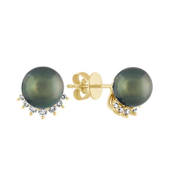 8mm Peacock Tahitian Pearl and Diamond Earrings in 14k Yellow Gold