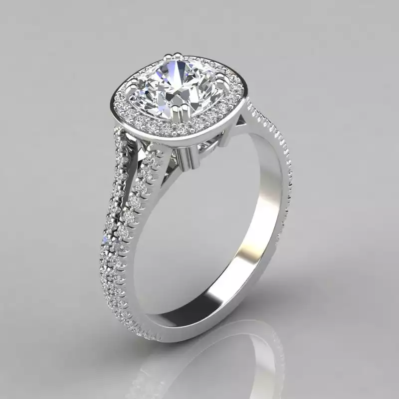 Split Shank Cushion Cut Halo Style Moissanite Engagement Ring | Forever Moissanite