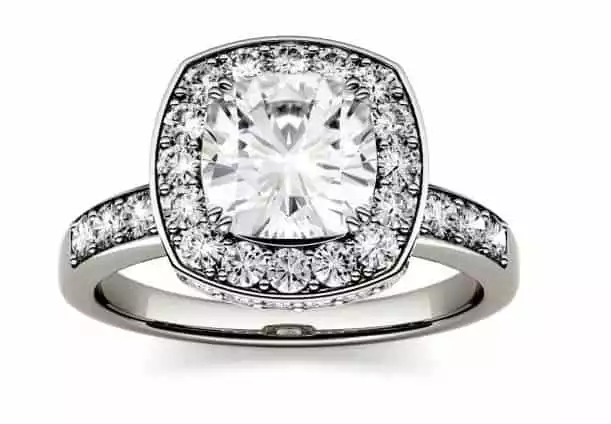 3.10 CTW DEW Cushion Forever One Moissanite Channel Set Halo |  Charles & Colvard