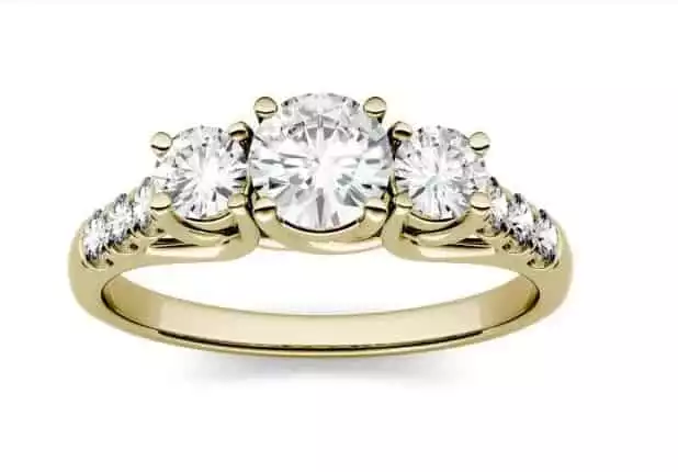 3.31 CTW DEW Round Forever One Moissanite Trellis Three Stone Ring |  Charles & Colvard