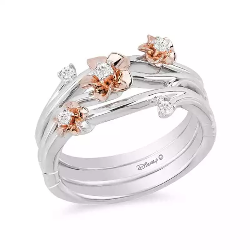 Enchanted Disney Mulan 1/10 CT. T.W. Diamond Flower Stackable Band Set in Sterling Silver and 10K Rose Gold | Zales