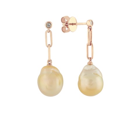 Golden Baroque Pearl and Diamond Drop Earrings