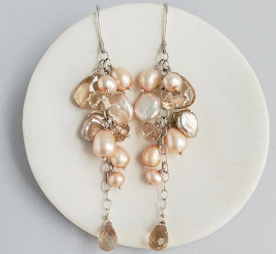 Lori Ann Long Dangle Champagne Pearl Cluster Earrings