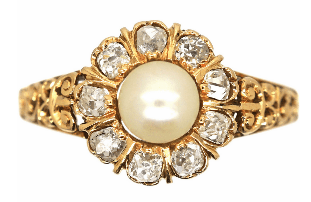 Edwardian 18ct Gold, Diamond & Natural Pearl Cluster Ring