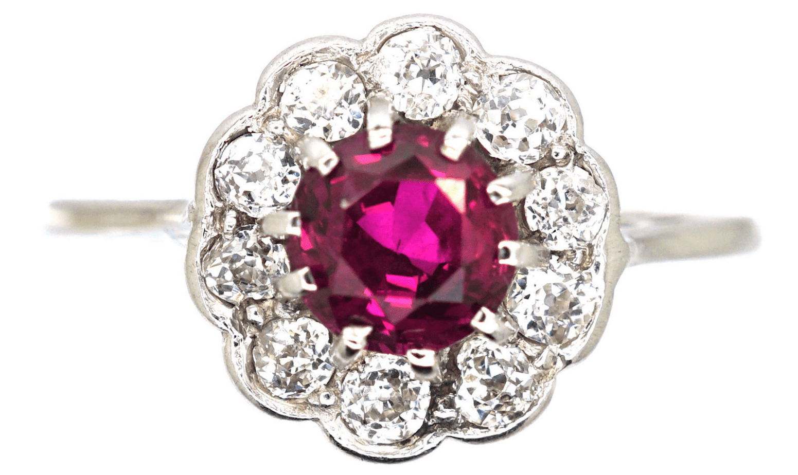 Edwardian Platinum, Ruby & Diamond Cluster Ring   