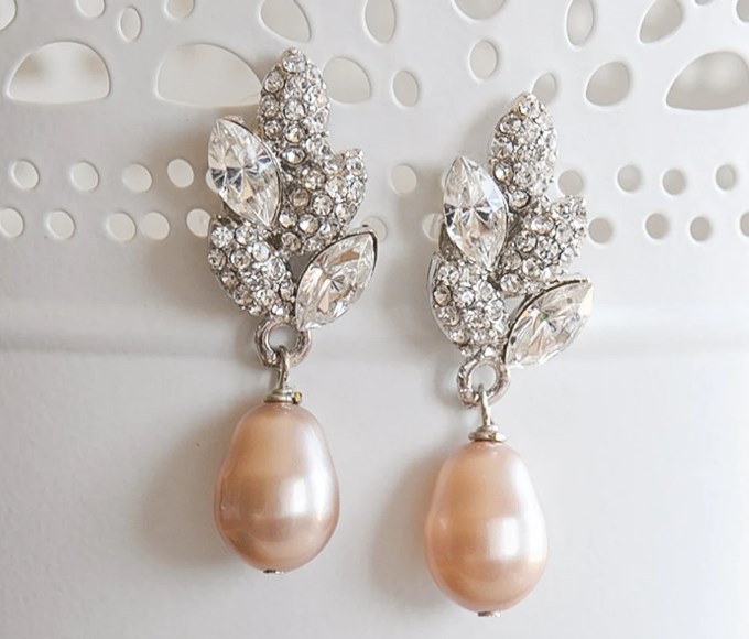 Champagne and Swarovski Filigree Leaf Earrings