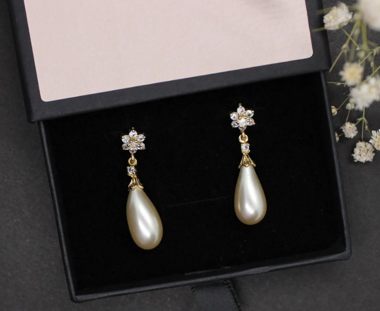 Teardrop Pearl Earrings with Zirconia Flower Studs