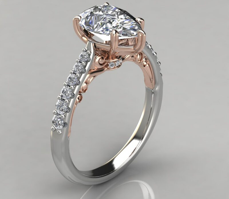 Forever Moissanite Two-Tone Engraved Pear Cut Moissanite Engagement Ring