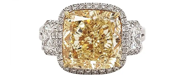 Scarselli Six Carat Fancy Yellow Cushion Cut Diamond Ring in Platinum