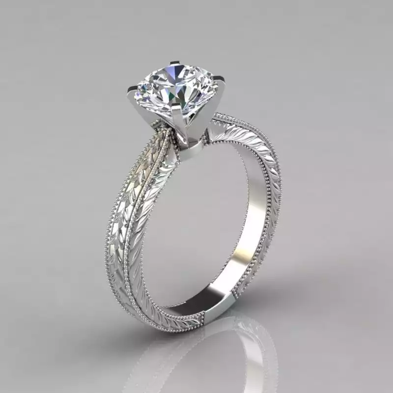 Hand Engraved Solitaire Moissanite Engagement Ring | Forever Moissanite