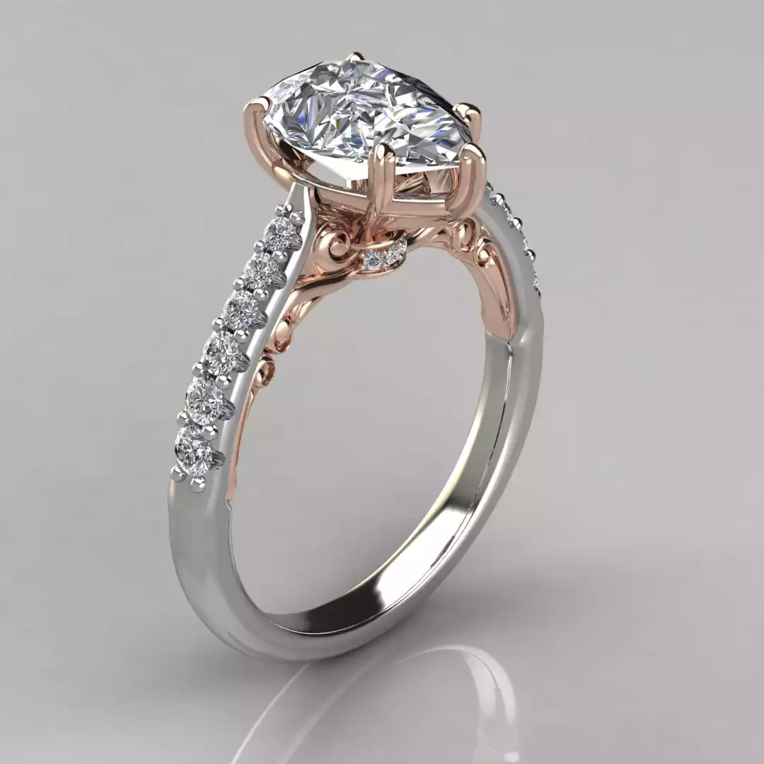 Two-Tone Engraved Pear Cut Moissanite Engagement Ring | Forever Moissanite