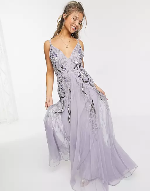 Floral Embellished Mesh Godet Maxi Dress | Asos