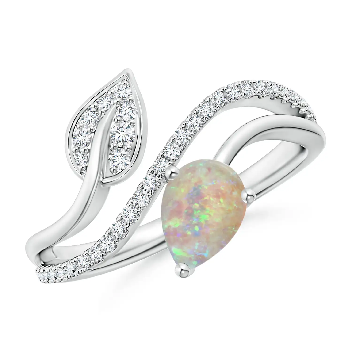 Opal and Diamond Bypass Ring with Leaf Motif | Angara