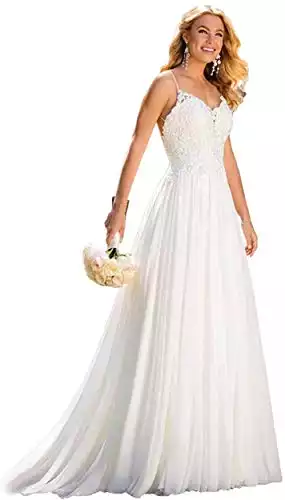 Holygift Women's A-Line V-Neck Strap Tulle Appliques Princess Spring Chiffon Beach Wedding Dress | Amazon