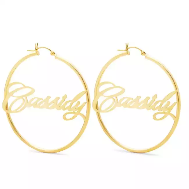 Elegant Script Gold Name Hoops | Eve's Addiction